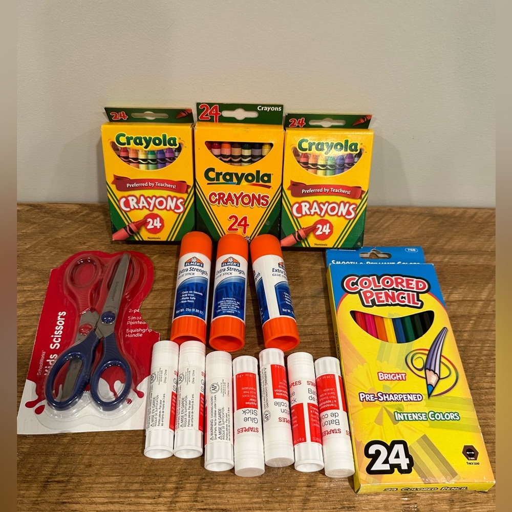 New color pencils/ Elmer’s Glue sticks & 2 kids Scissors